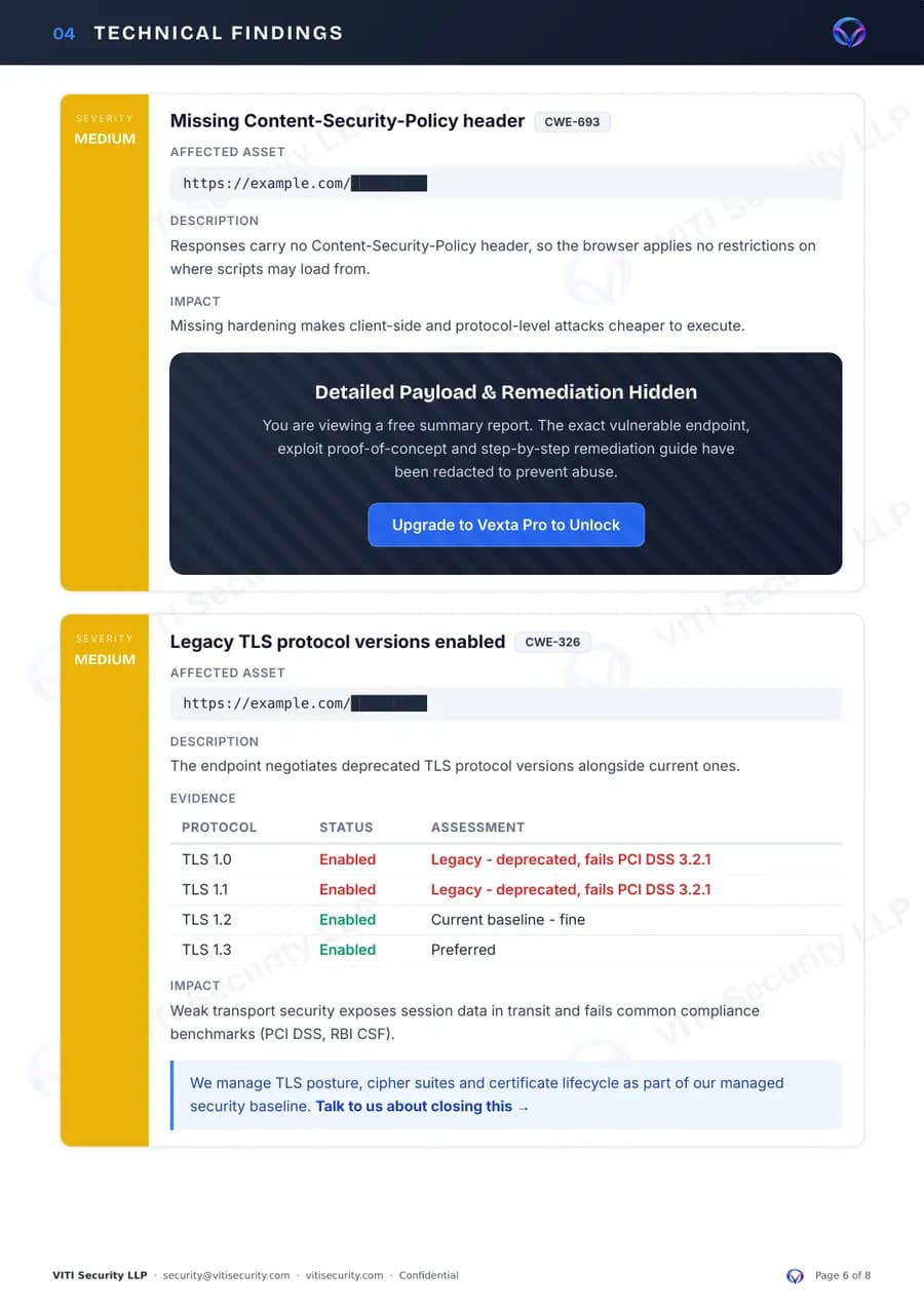 Sample report page 'Technical findings' for example.com: a Medium finding with its detail redacted, and a TLS finding with its evidence table.
