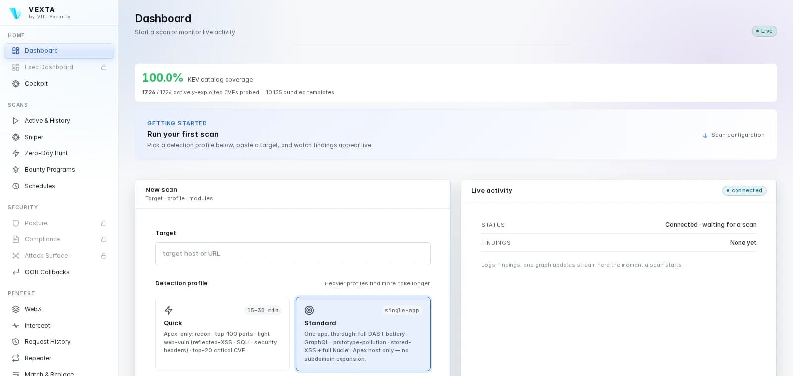 The Vexta dashboard: KEV catalog coverage, a new-scan form with detection profiles, and live activity.