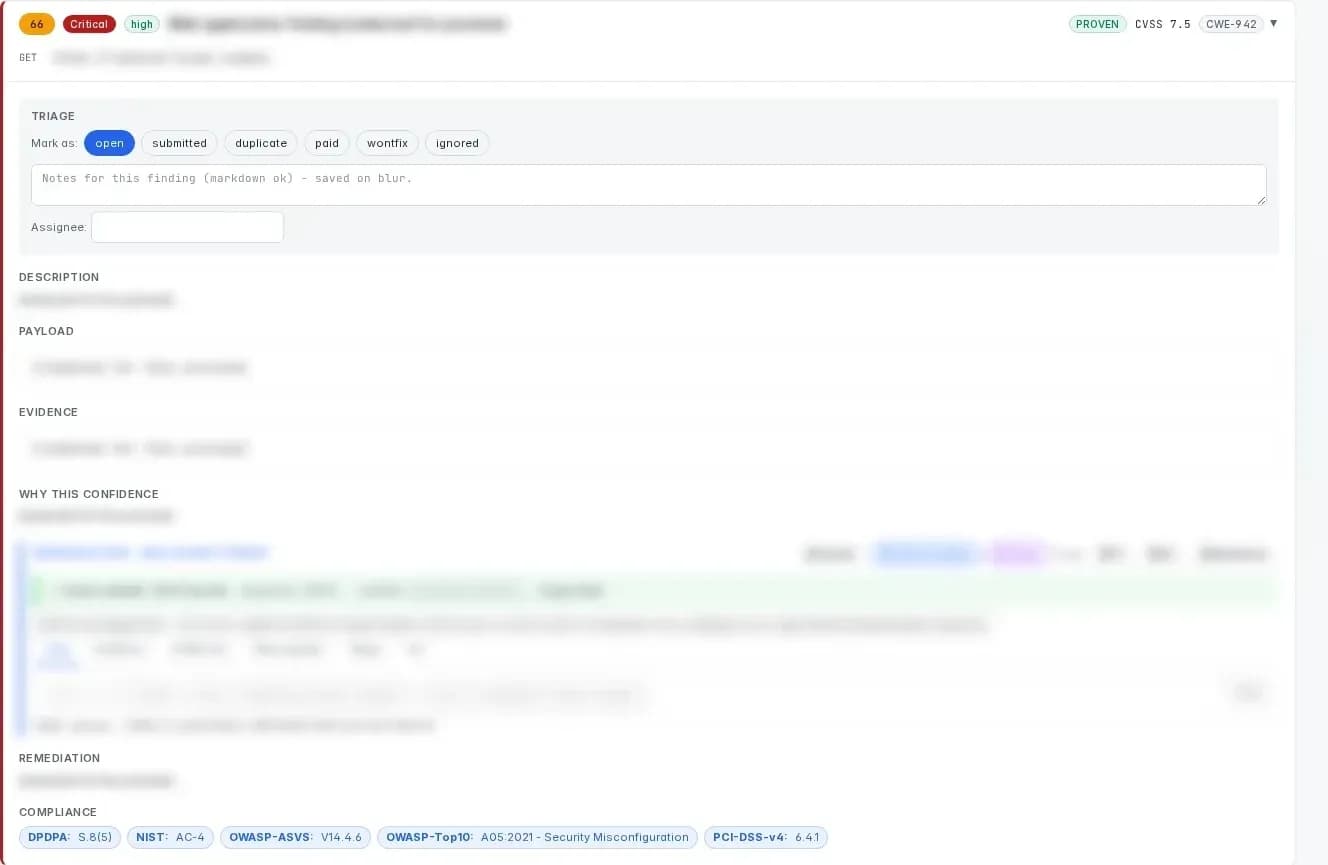 An expanded Vexta finding with triage controls (open, submitted, duplicate, paid, wontfix, ignored), confidence reasoning and compliance mappings. Vulnerability detail is blurred.